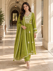 Lime Green Embroidered Yoke Anarkali Kurta Set with Dupatta in Cotton
