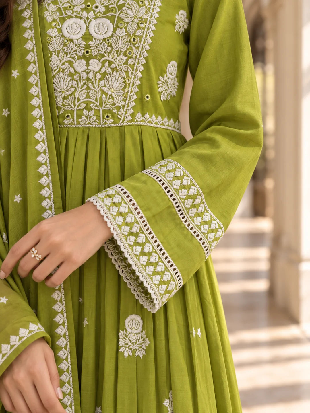 Lime Green Embroidered Yoke Anarkali Kurta Set with Dupatta in Cotton