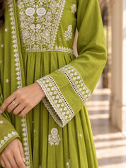 Lime Green Embroidered Yoke Anarkali Kurta Set with Dupatta in Cotton