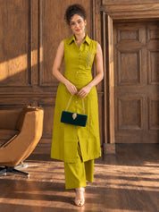 Lime Green Sleeveless Shirt Collar Co-Ord Set with Sequin Embroidery in Vatican Fabric