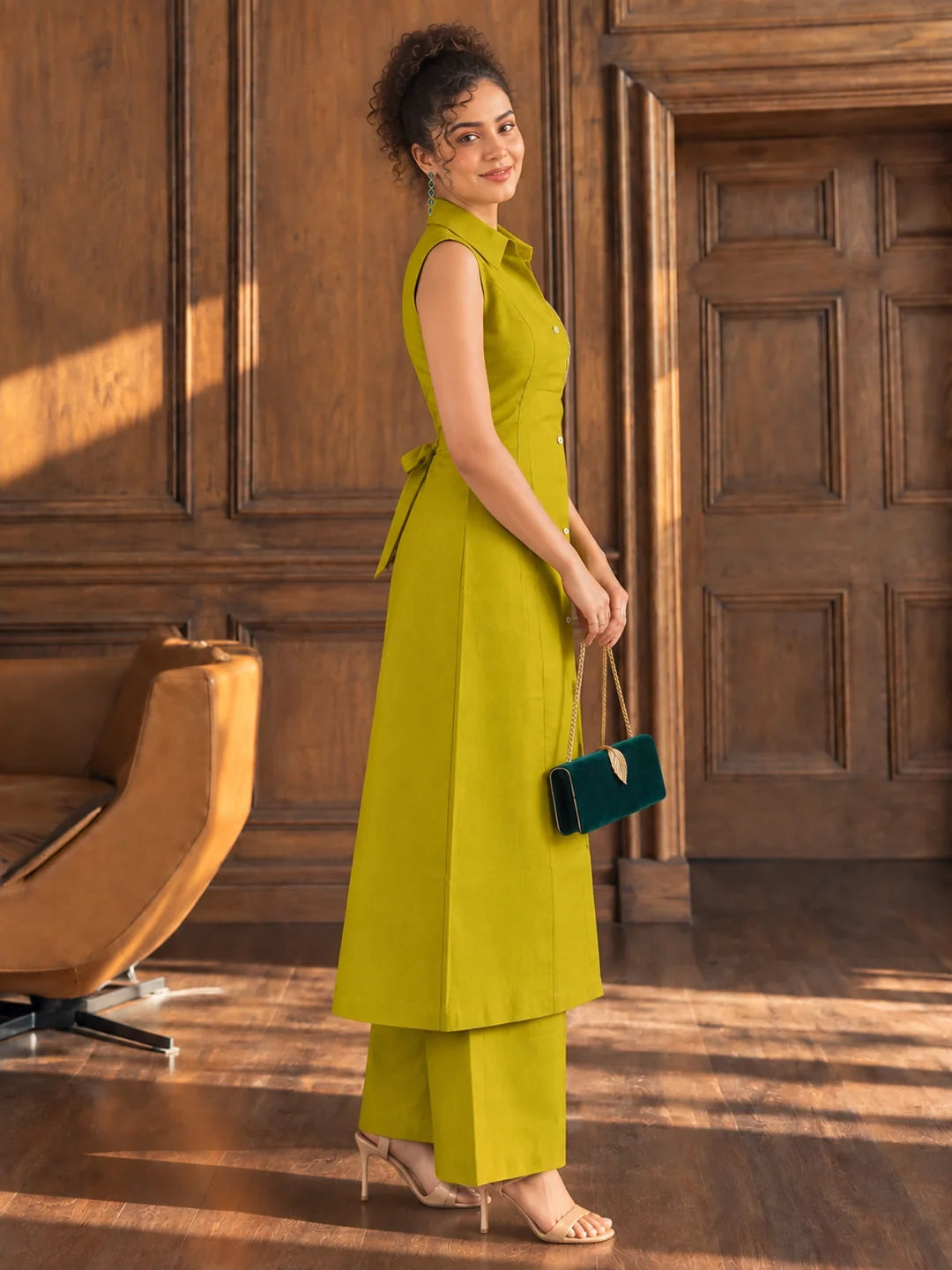 Lime Green Sleeveless Shirt Collar Co-Ord Set with Sequin Embroidery in Vatican Fabric