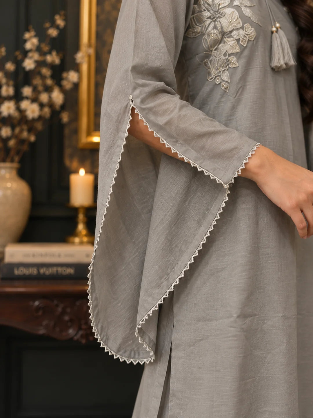 Light Grey Silver Foil Floral Tassel Detail Co-ord Set in Muslin