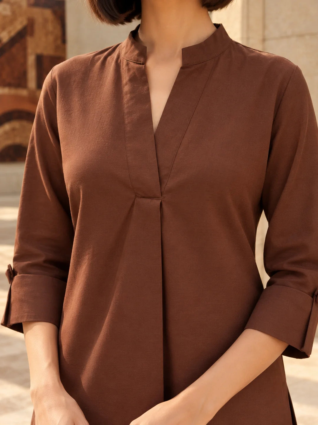 Brown Deep V Mandarin Collar Kurta Set in Sheeting Cotton