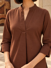 Brown Deep V Mandarin Collar Kurta Set in Sheeting Cotton