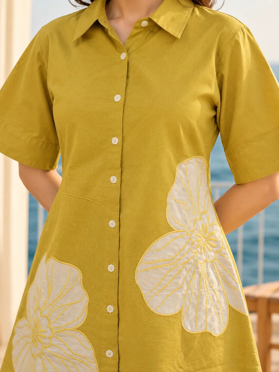 Yellow Floral Appliqué A-Line Dress in Cotton Flex