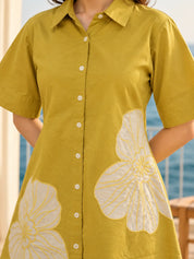 Yellow Floral Appliqué A-Line Dress in Cotton Flex