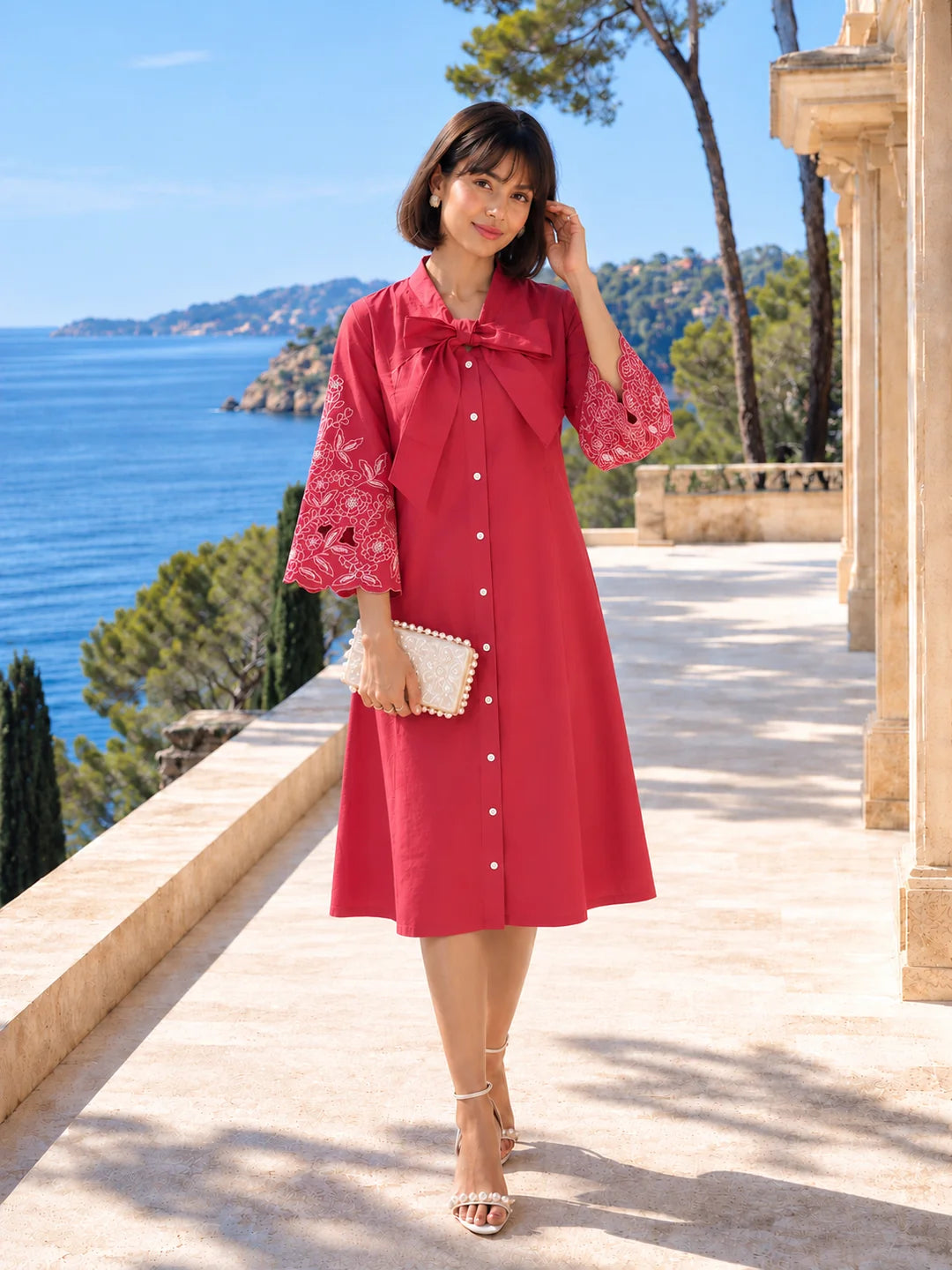 Pink Wide Bow-Tie Floral Cutwork A-Line Dress in Cotton Poplin