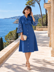 Blue Wide Bow-Tie Floral Cutwork A-Line Dress in Cotton Poplin
