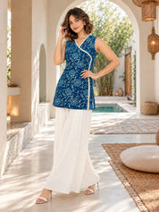 Blue Angrakha Style Floral Jaal Short Kurti in Cotton