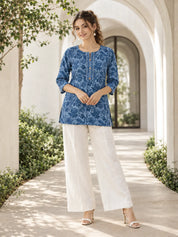 Blue Floral Jaal Short Kurti in Cotton