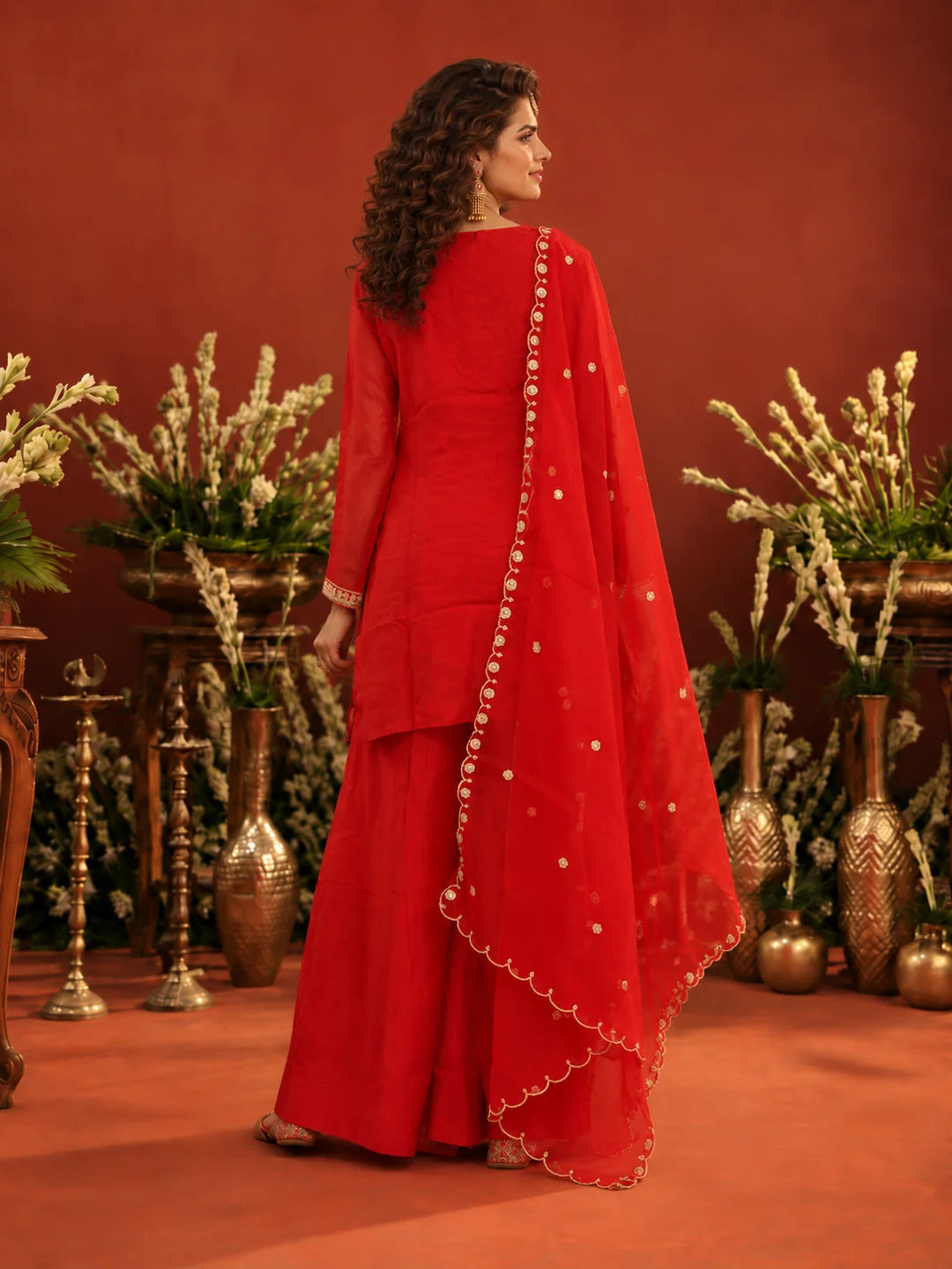 Red Multicolour Embroidered Yoke Kurta Set with Dupatta in Organza Silk
