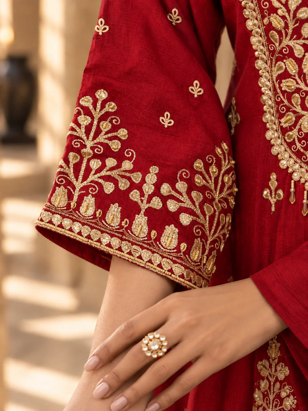 Red Foil Embroidered Kurta Set with Dupatta in Crepe