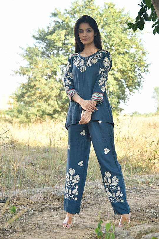 Aagam Green Blue Co-ords With  Cotton Embroidery Work