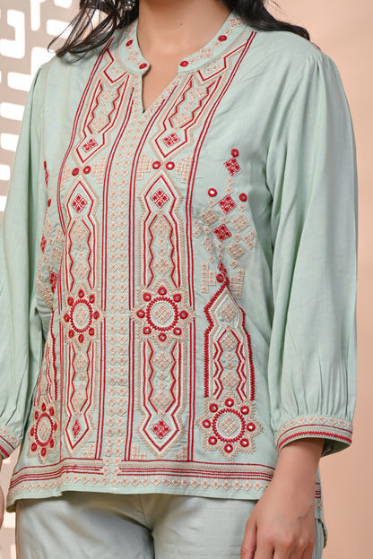Mishti Pista Green Cotton Embroidered Co-ord Set