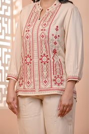 Mridula Beige Cotton Embroidered Co-ord Set - Kaftanize