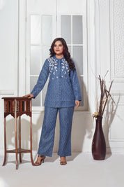 Kaftanize Noor Round Neck Embroidered Blue Cotton Co-Ord Set