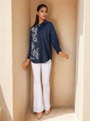 Chambray Navy Blue One Side Embroidered Shirt