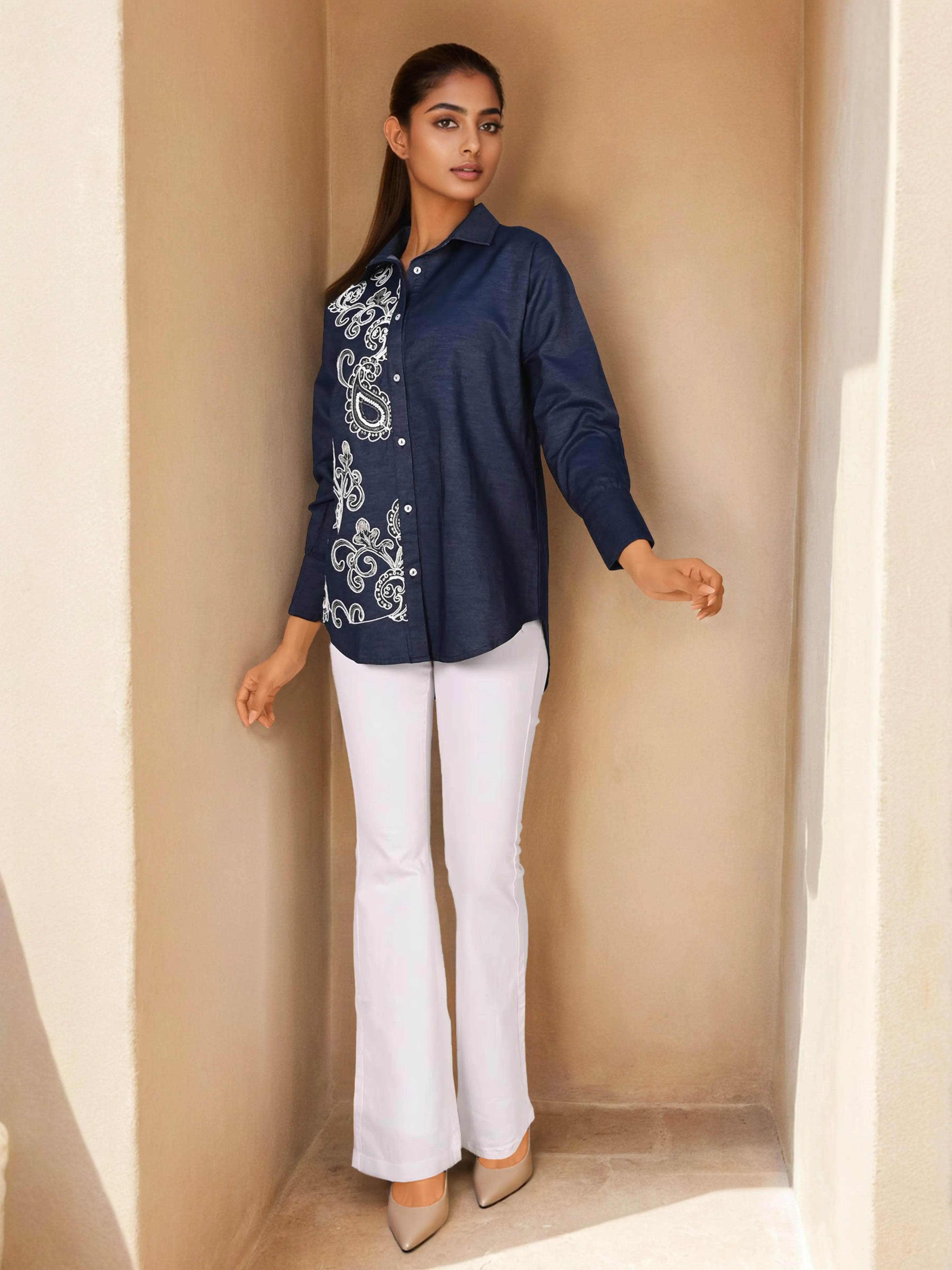 Chambray Navy Blue One Side Embroidered Shirt