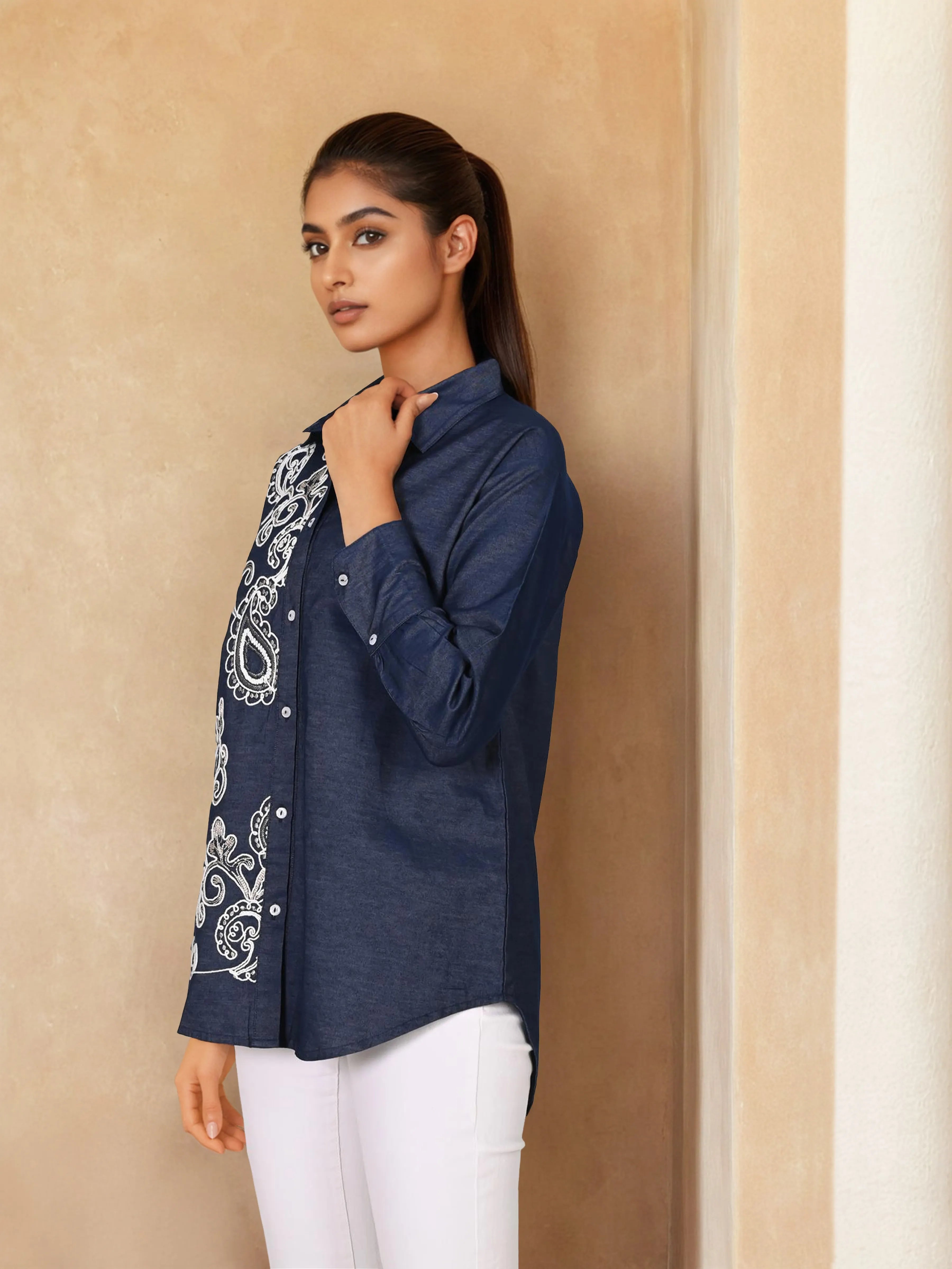 Chambray Navy Blue One Side Embroidered Shirt