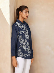 Chambray Navy Blue One Side Embroidered Shirt