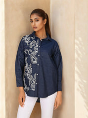 Chambray Navy Blue One Side Embroidered Shirt