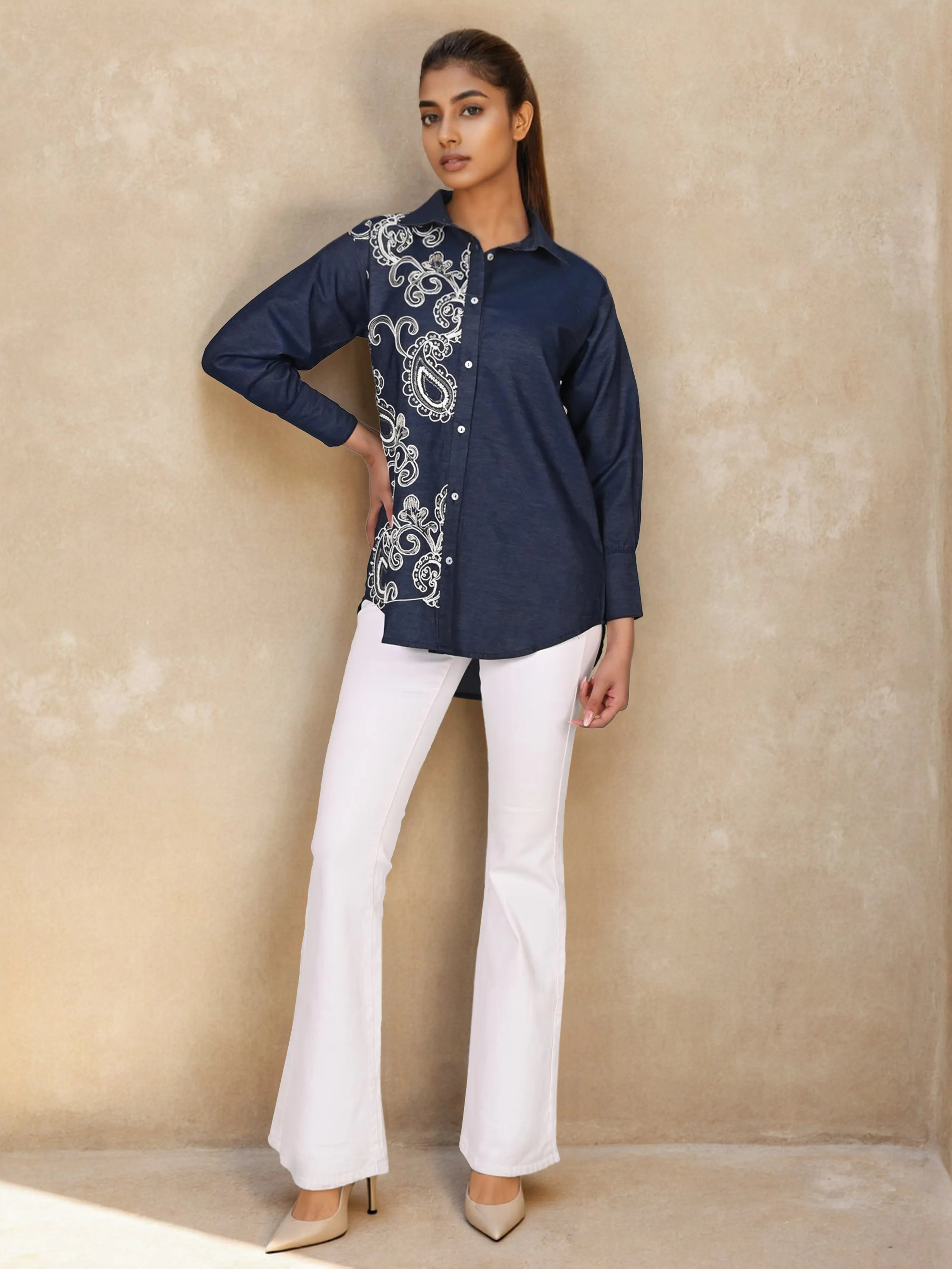 Chambray Navy Blue One Side Embroidered Shirt