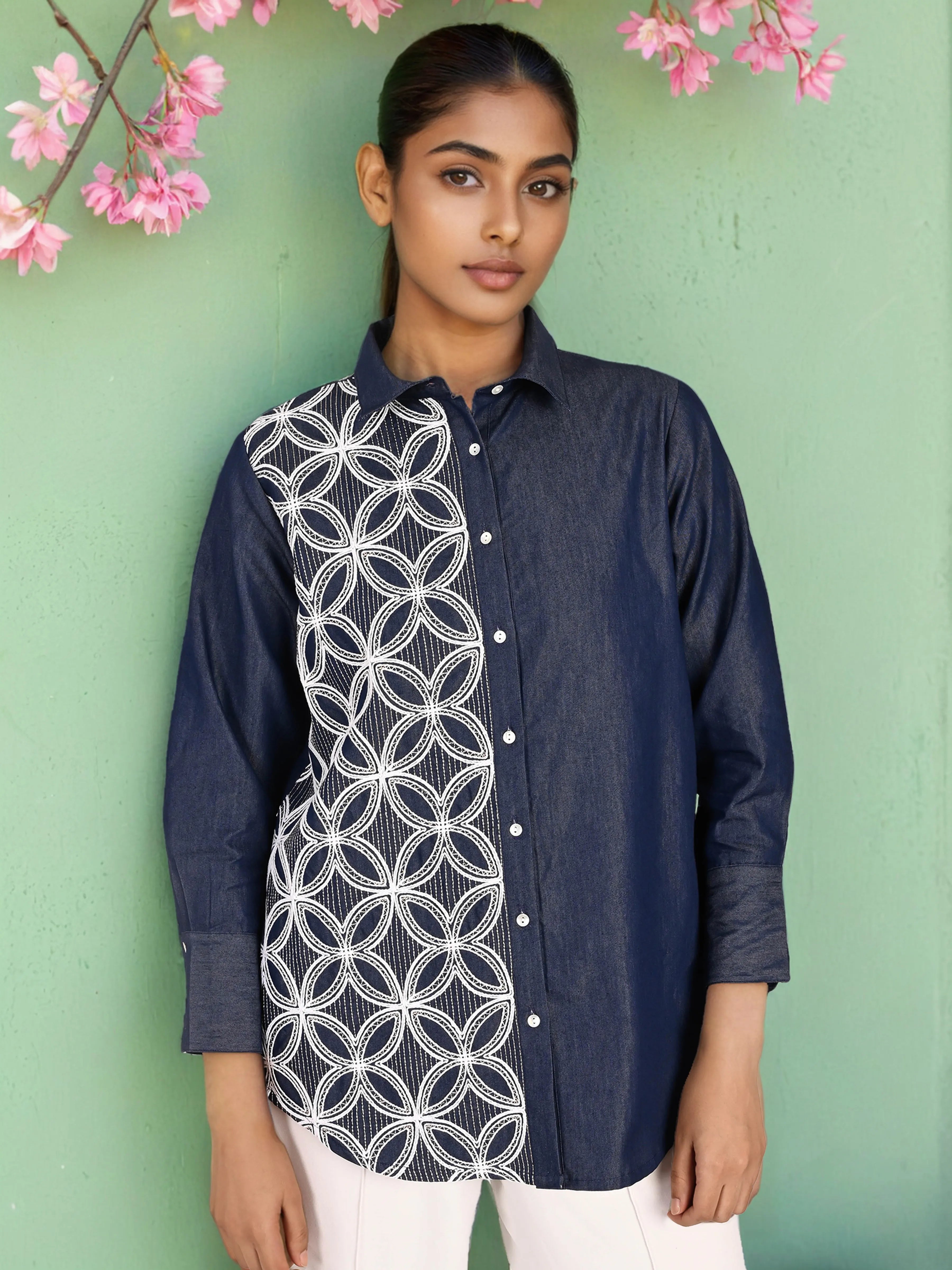 Navy Chambray Embroidered Shirt with Geometric Detailing