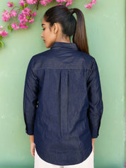 Navy Chambray Embroidered Shirt with Geometric Detailing