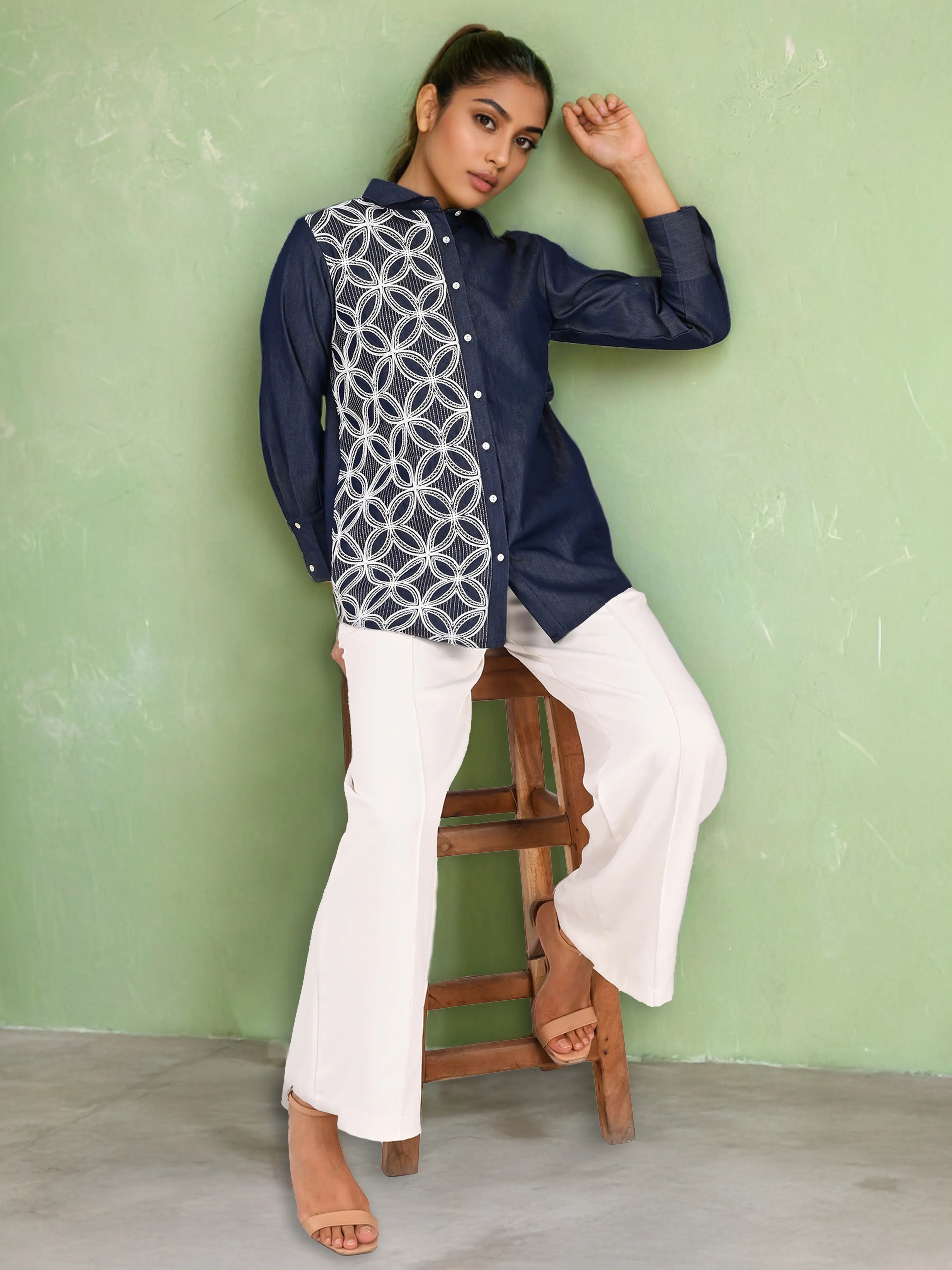 Navy Chambray Embroidered Shirt with Geometric Detailing