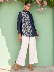 Navy Chambray Embroidered Shirt with Geometric Detailing