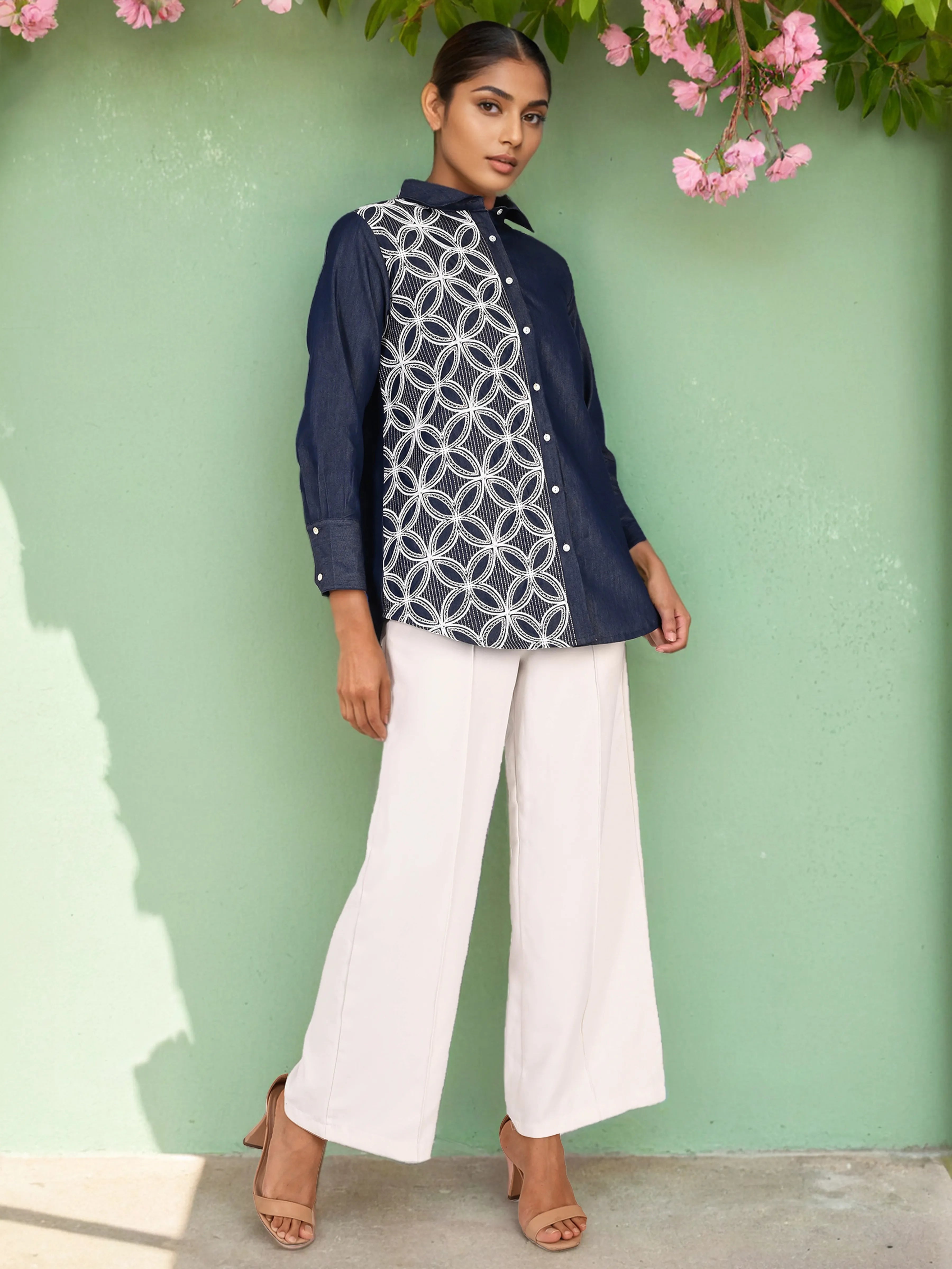 Navy Chambray Embroidered Shirt with Geometric Detailing