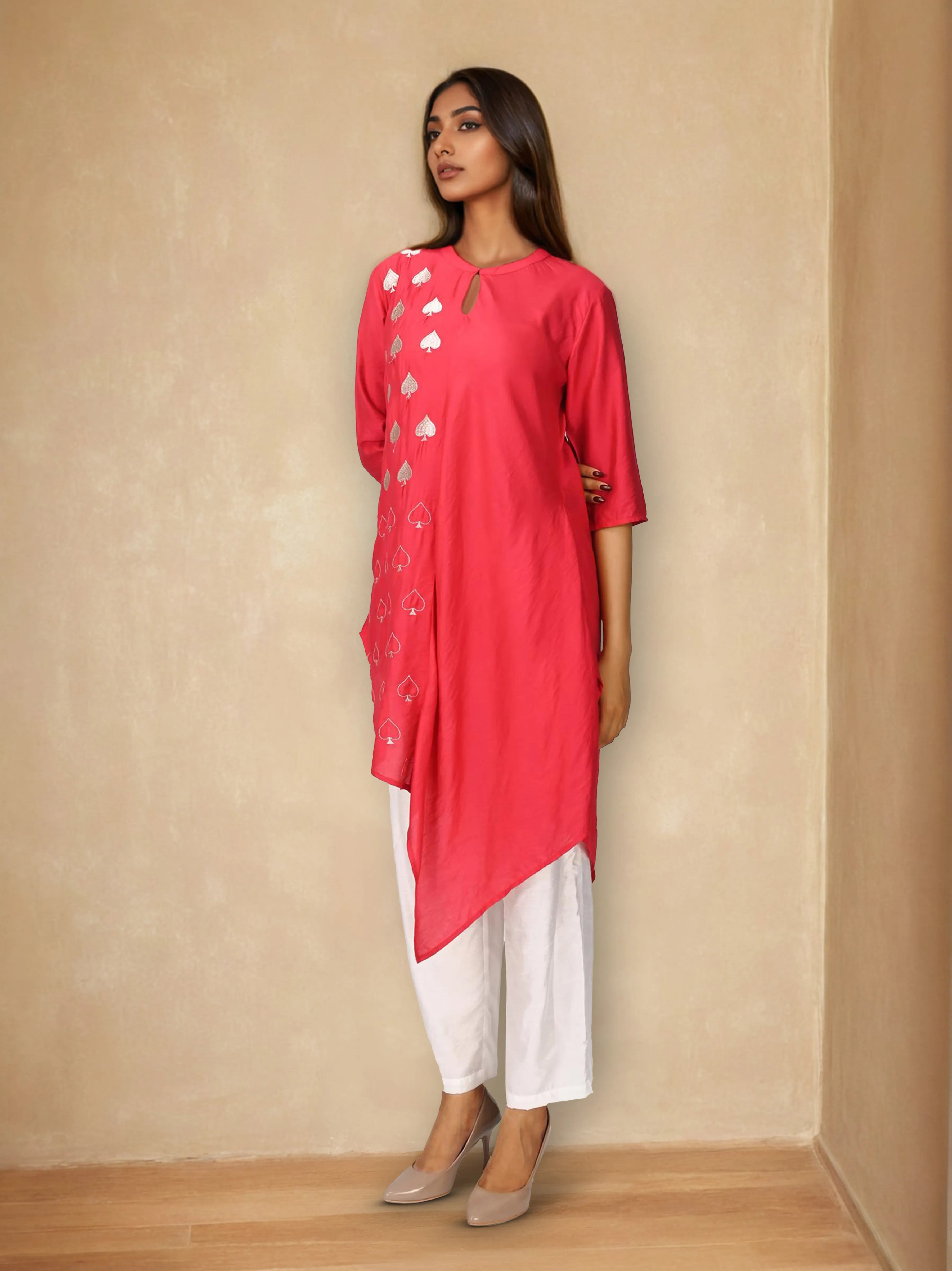Hot Pink & White Embroidered Spade Motifs Chanderi Silk Co-ord Set