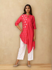 Hot Pink & White Embroidered Spade Motifs Chanderi Silk Co-ord Set