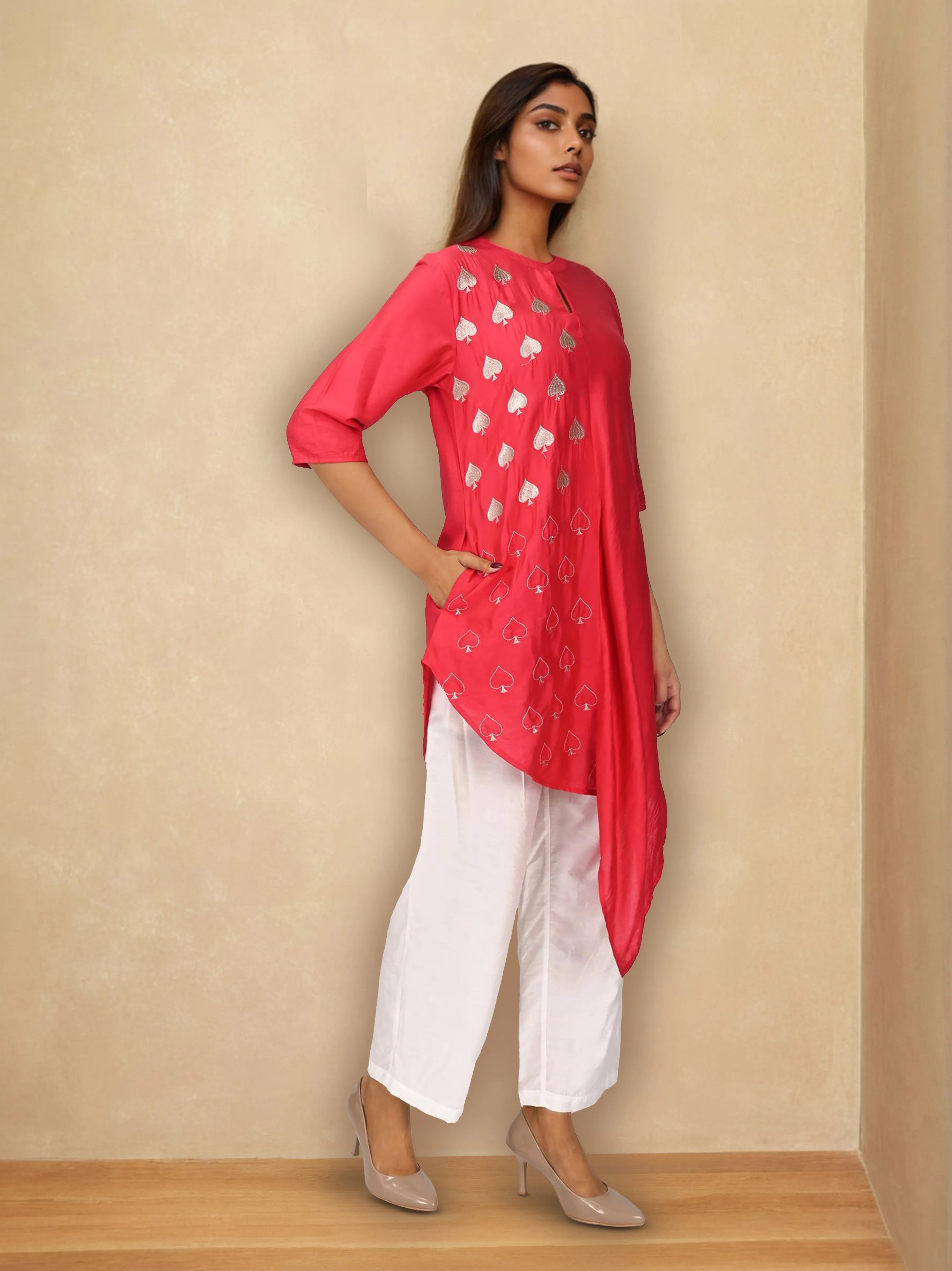 Hot Pink & White Embroidered Spade Motifs Chanderi Silk Co-ord Set