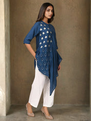 Dark Blue Embroidered Asymmetric Co-ord Set in Chanderi Silk