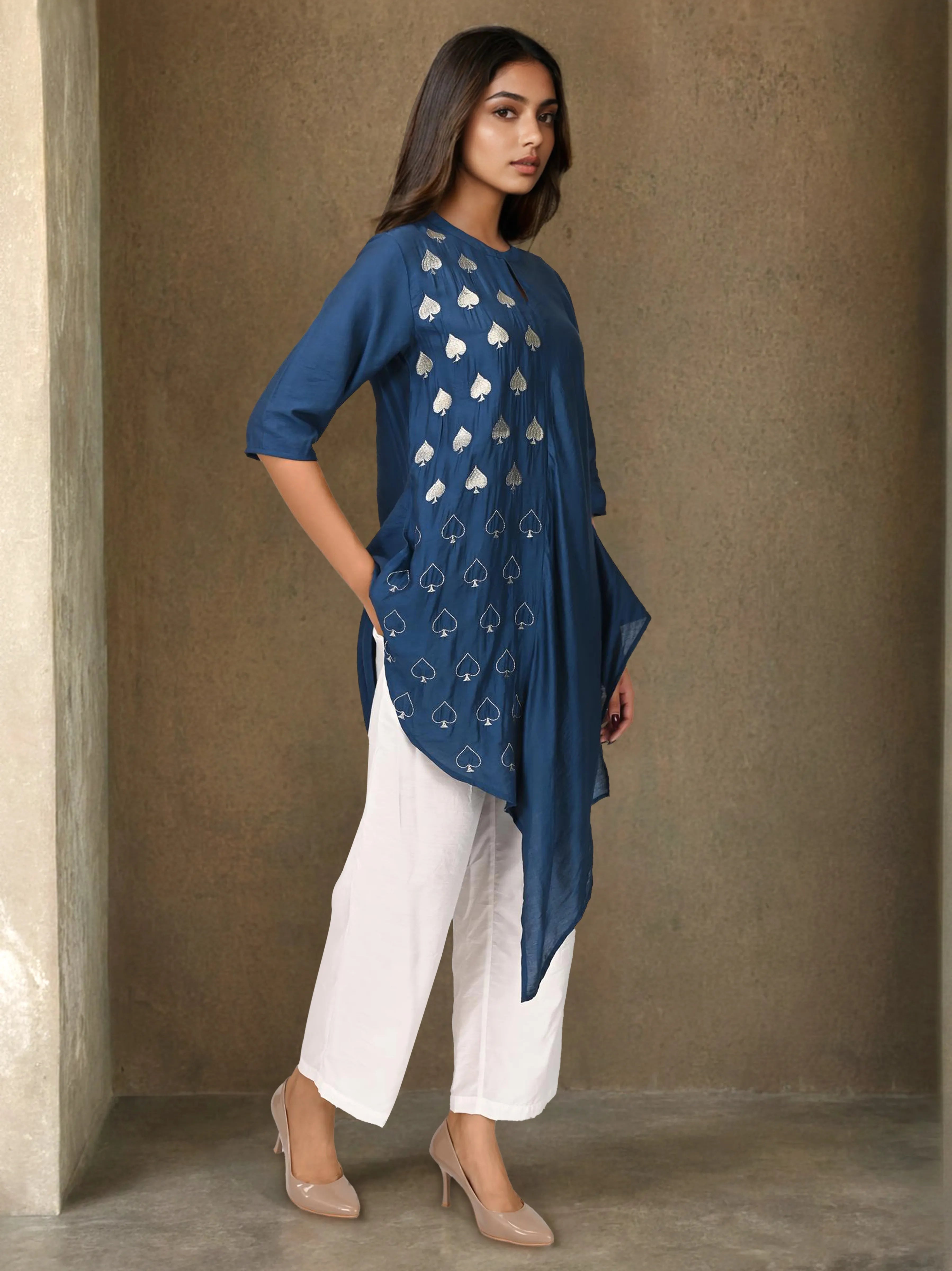 Dark Blue Embroidered Asymmetric Co-ord Set in Chanderi Silk