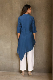 Dark Blue Embroidered Asymmetric Co-ord Set in Chanderi Silk