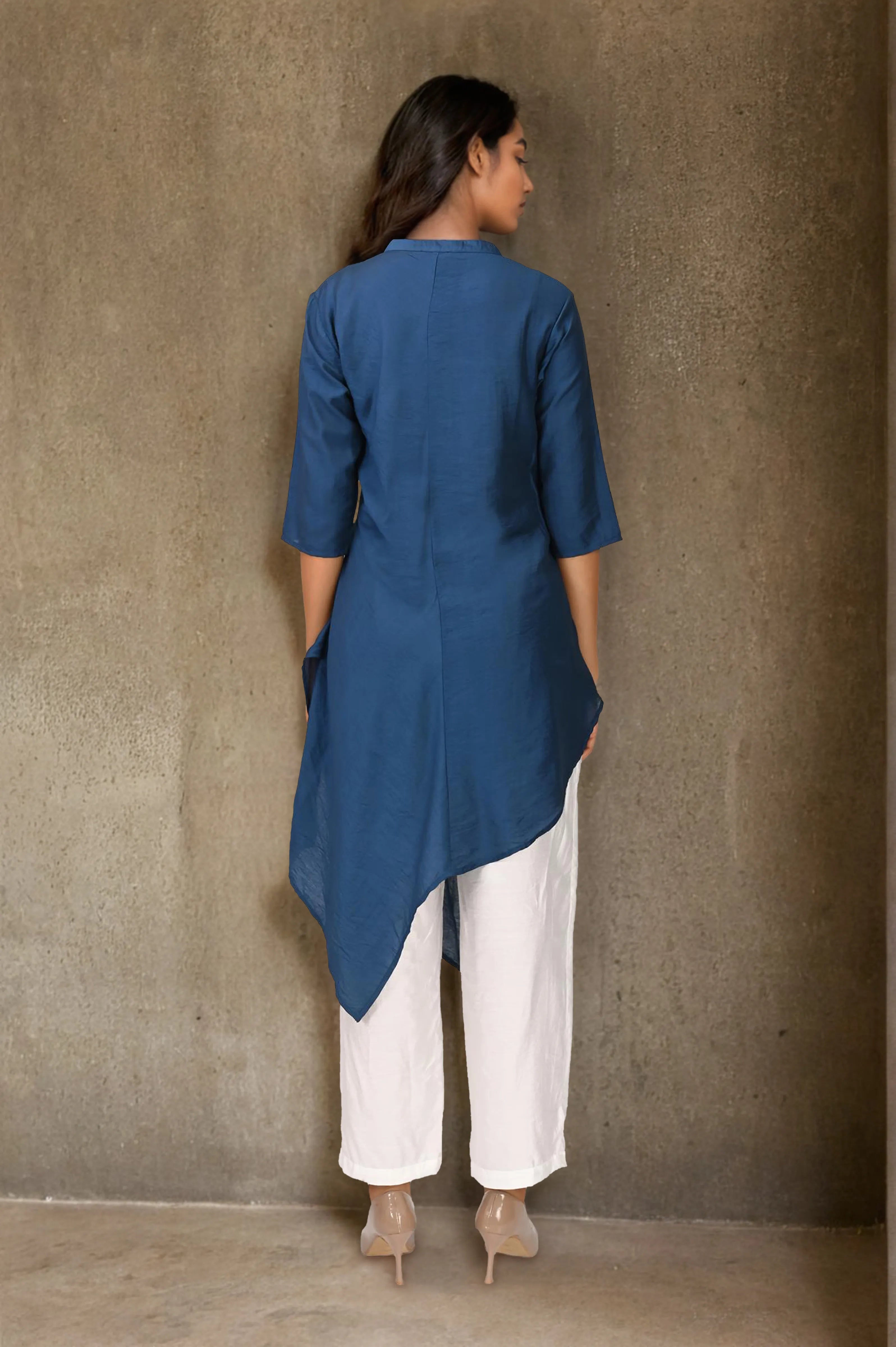 Dark Blue Embroidered Asymmetric Co-ord Set in Chanderi Silk