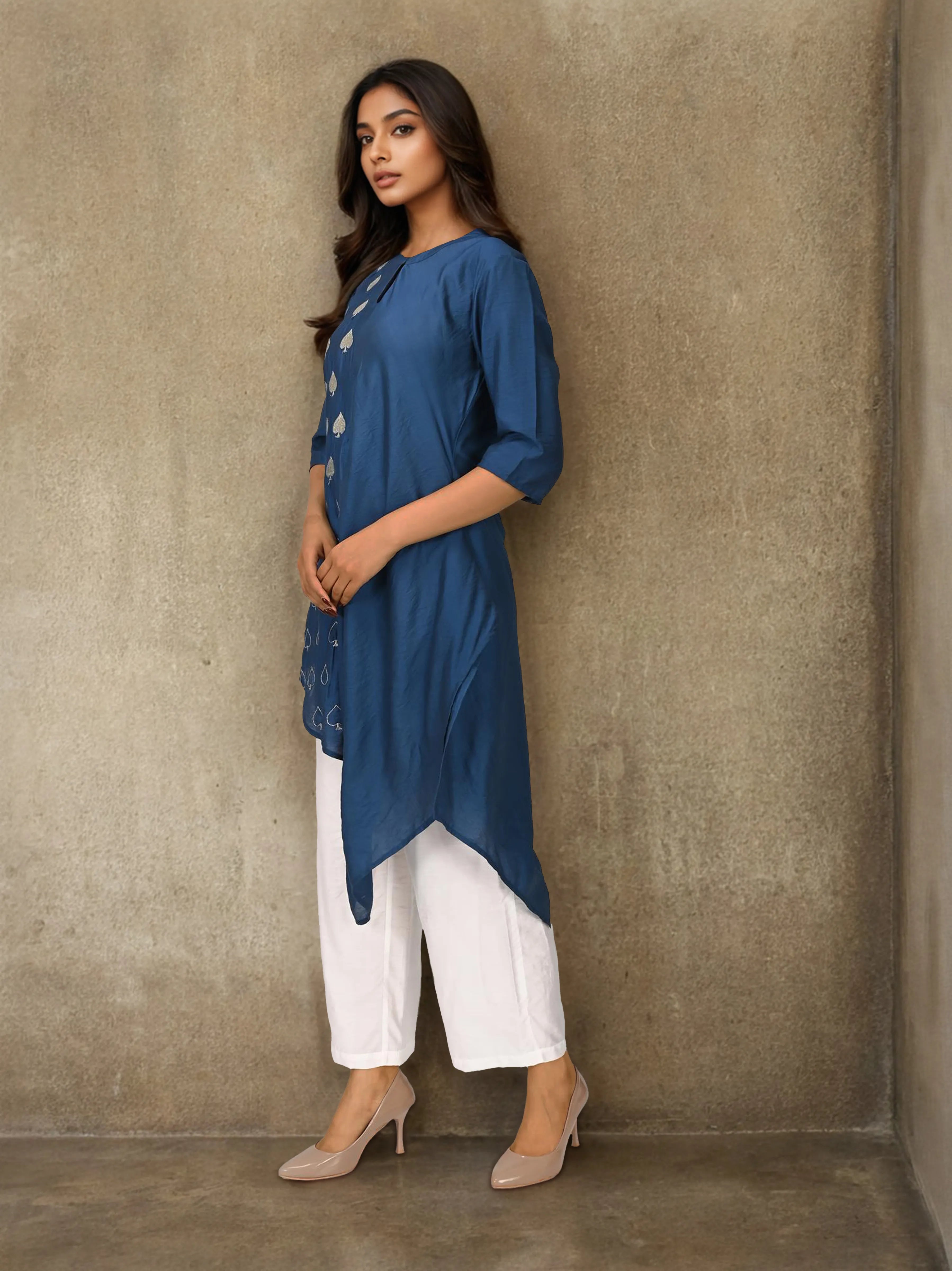 Dark Blue Embroidered Asymmetric Co-ord Set in Chanderi Silk