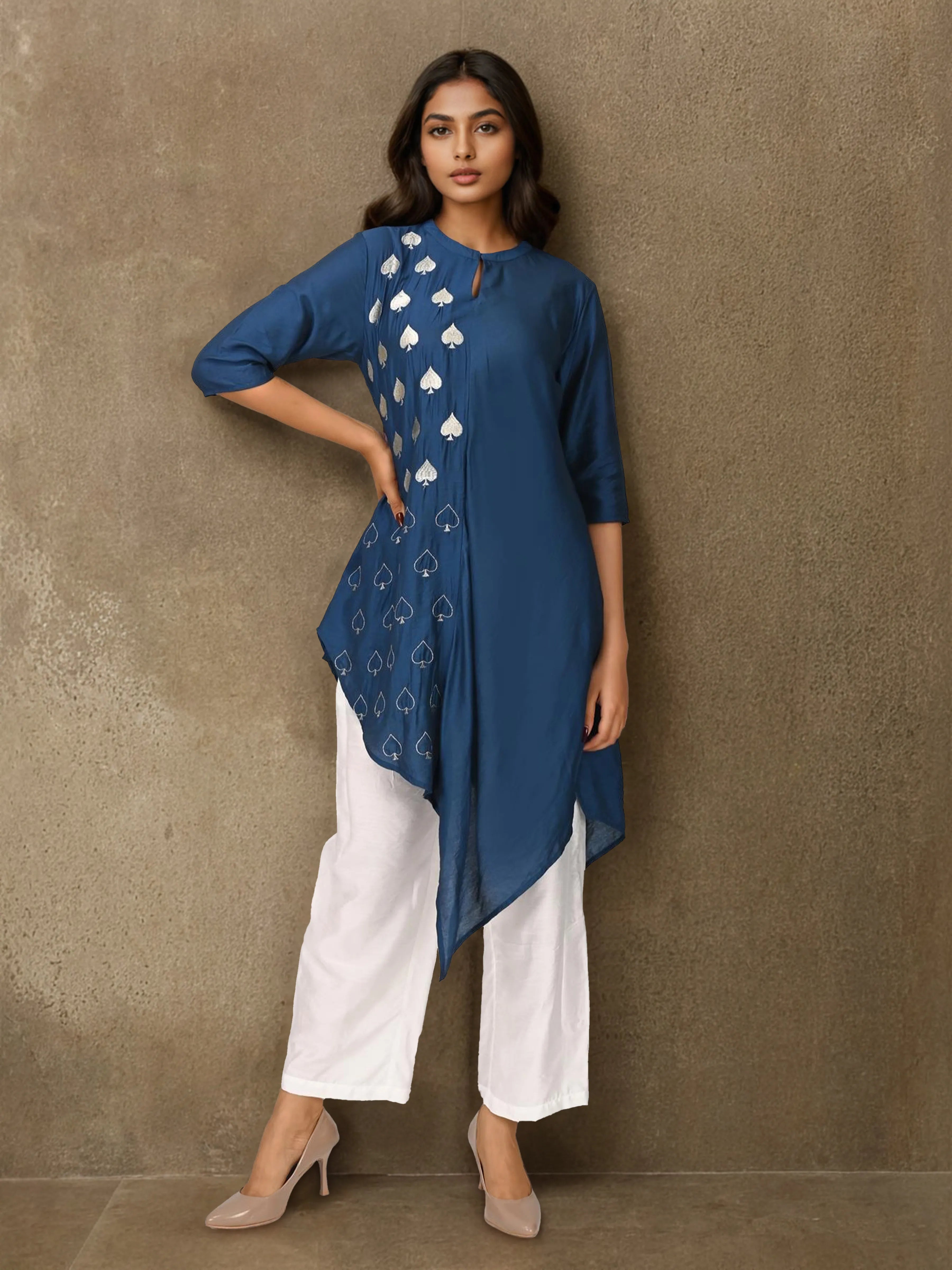 Dark Blue Embroidered Asymmetric Co-ord Set in Chanderi Silk