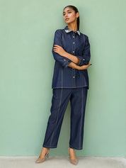 Dark Blue Pearl-Embellished Co-ord Set in Chambray