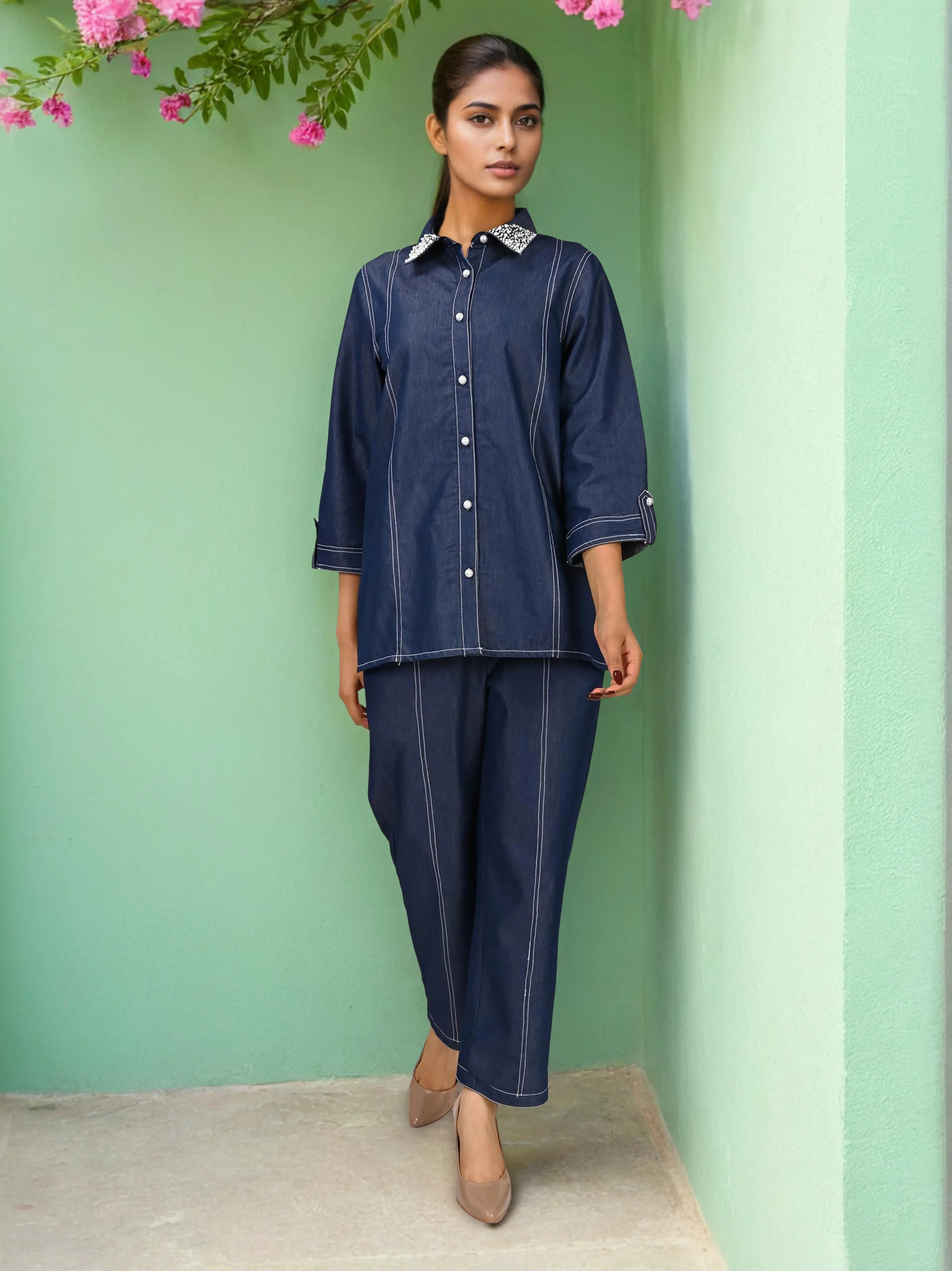 Dark Blue Pearl-Embellished Co-ord Set in Chambray