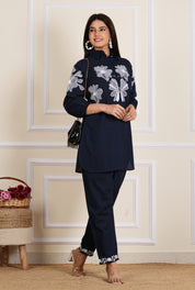 Navy Blue Bold Placement Print Cotton Co-Ord Set