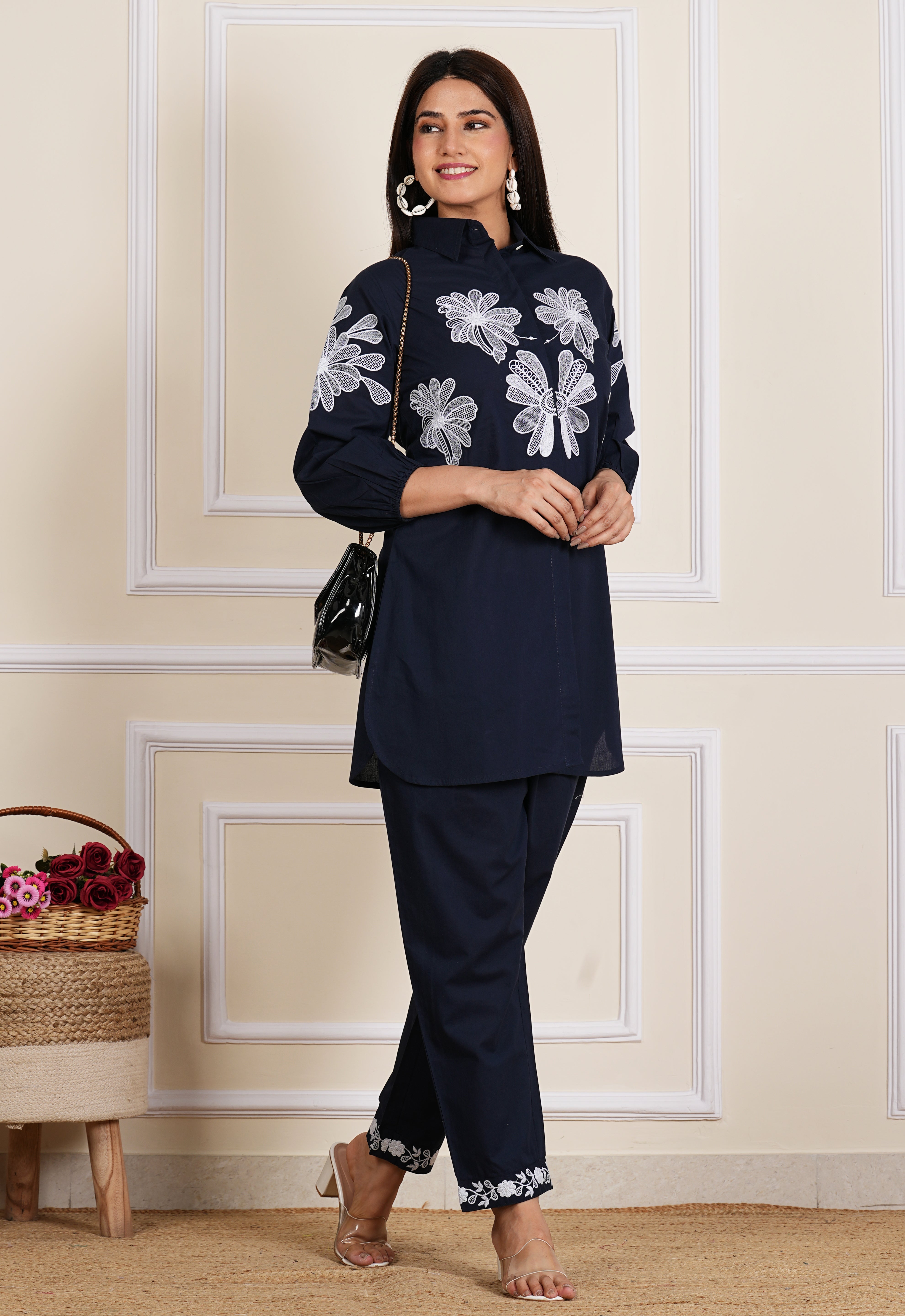 Navy Blue Bold Placement Print Cotton Co-Ord Set