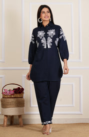 Navy Blue Bold Placement Print Cotton Co-Ord Set