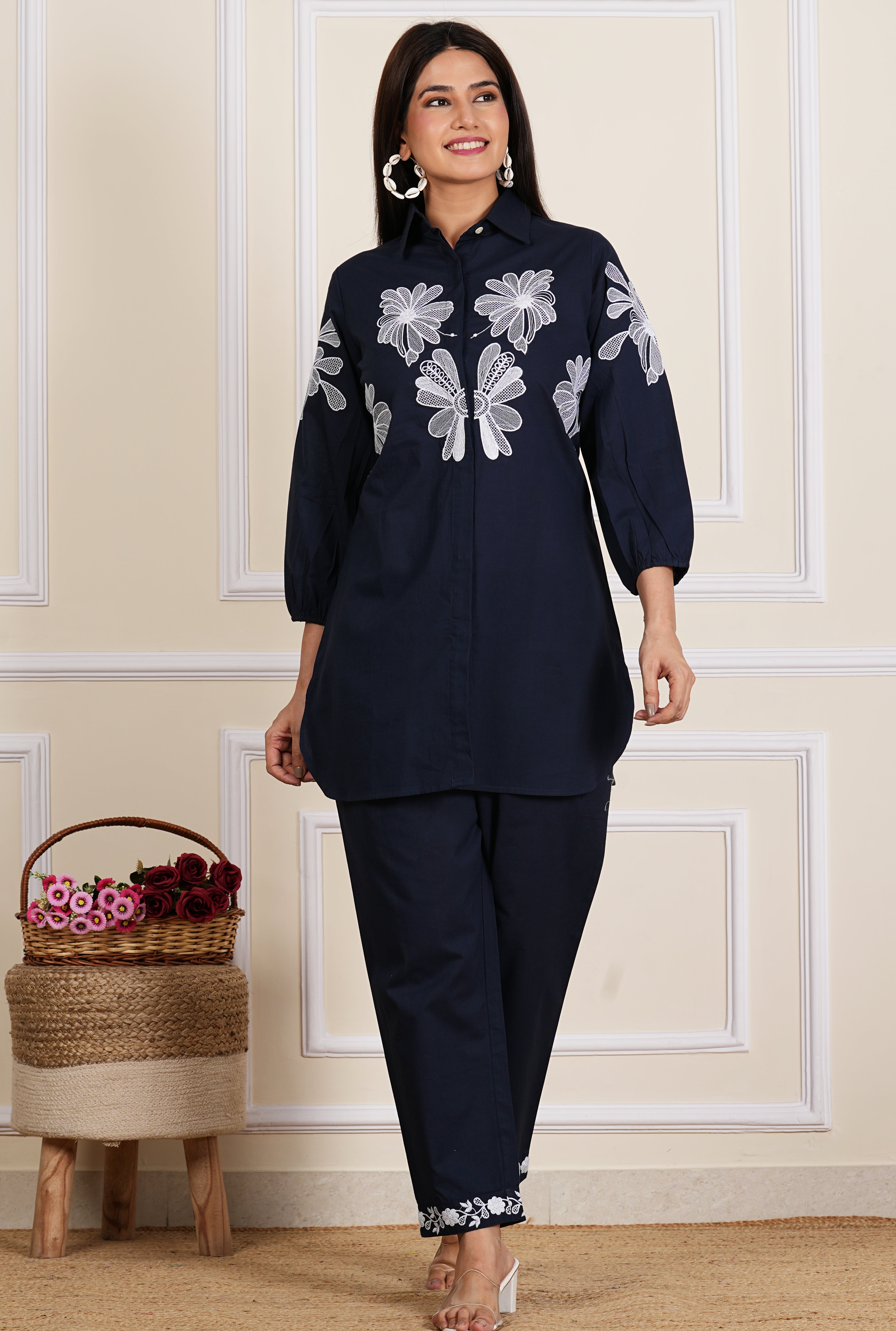 Navy Blue Bold Placement Print Cotton Co-Ord Set