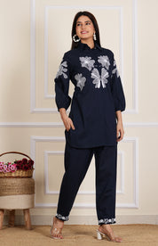 Navy Blue Bold Placement Print Cotton Co-Ord Set