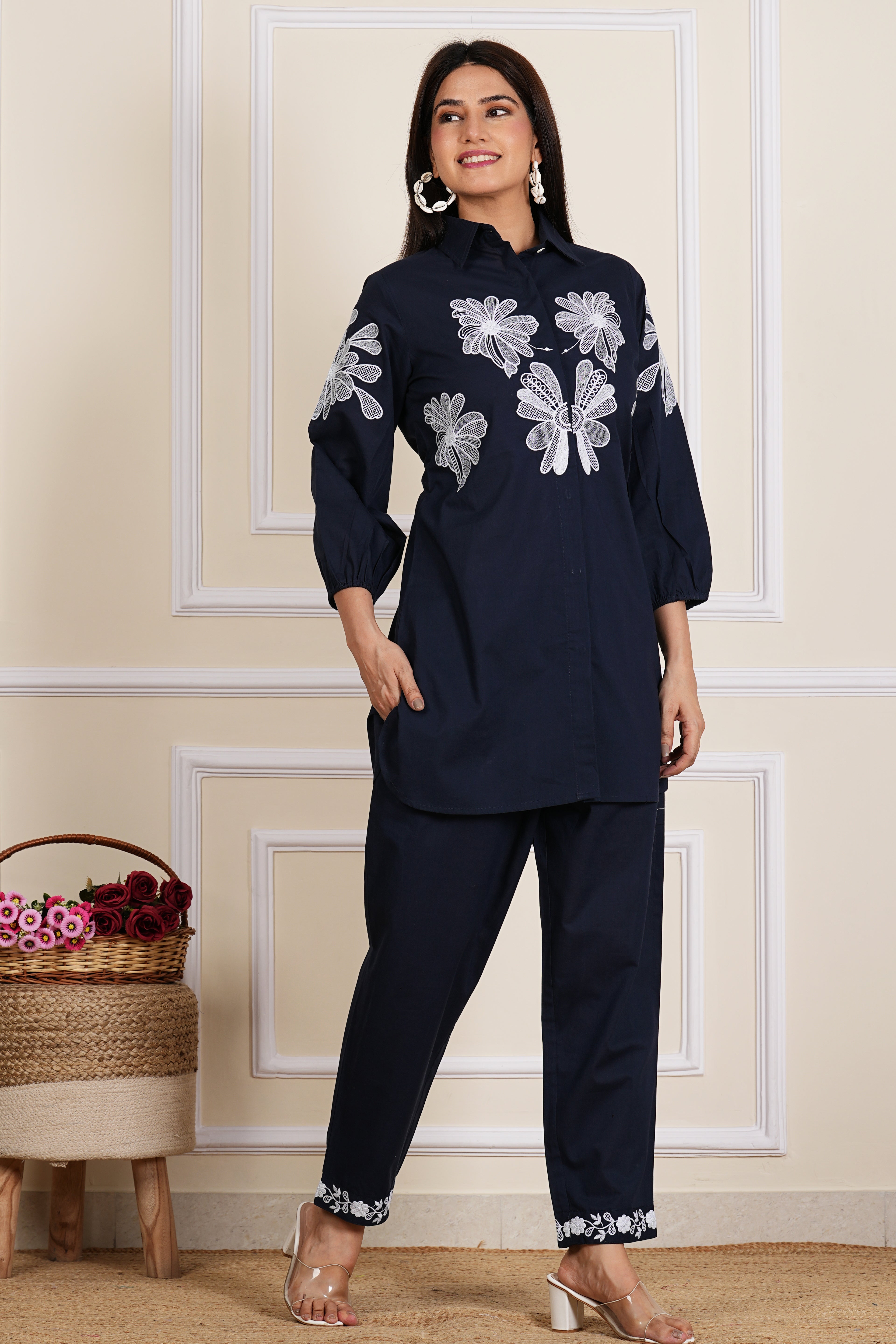 Navy Blue Bold Placement Print Cotton Co-Ord Set