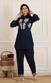 Navy Blue Bold Placement Print Cotton Co-Ord Set