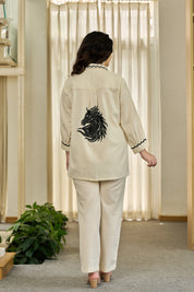 Cream Zigzag Embroidered Co-ord Set in Cotton Flex